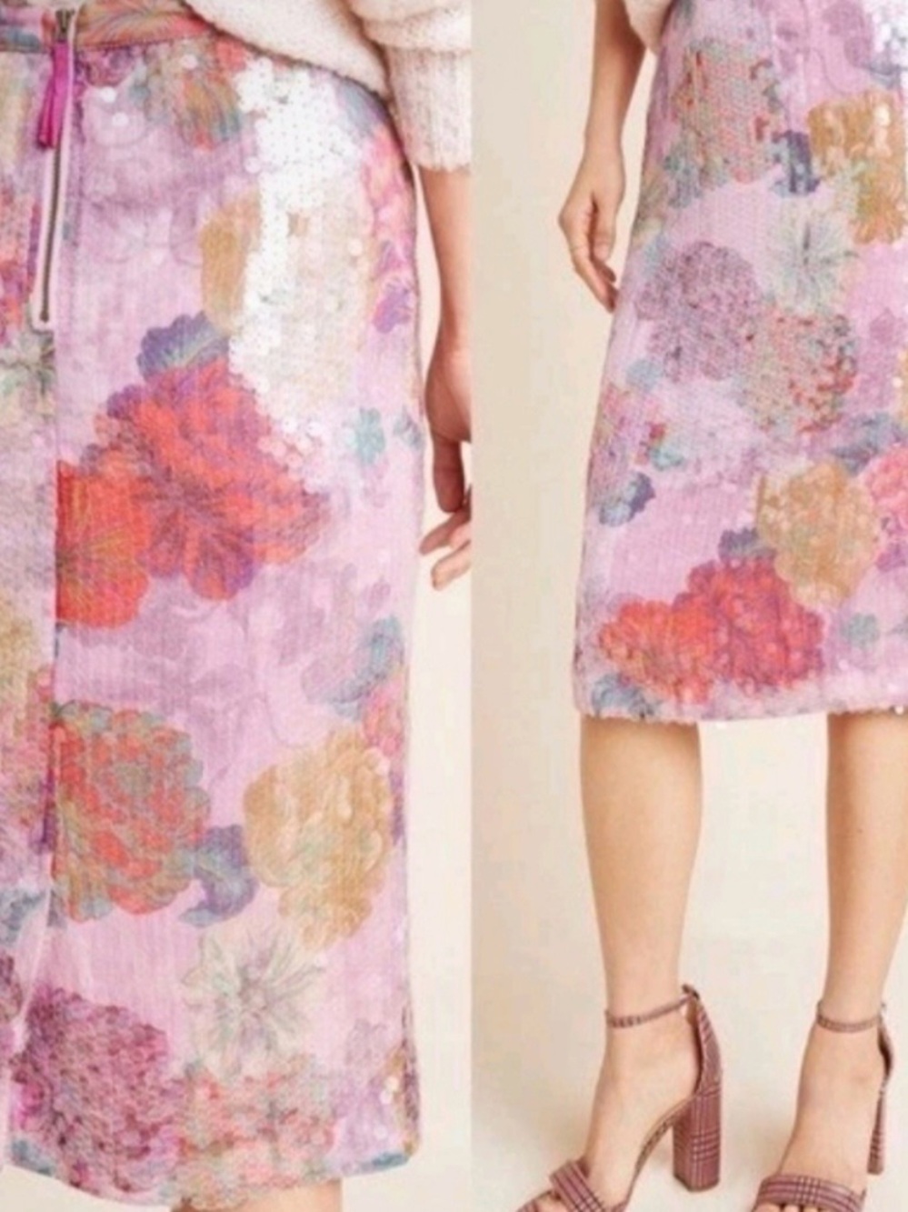 Anthropologie Paillette Floral Sequin Pencil Skirt in pink sz 6